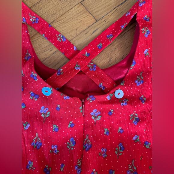 90s Vintage Red Floral Mini Dress with Flutter Hem - Picture 9 of 9
